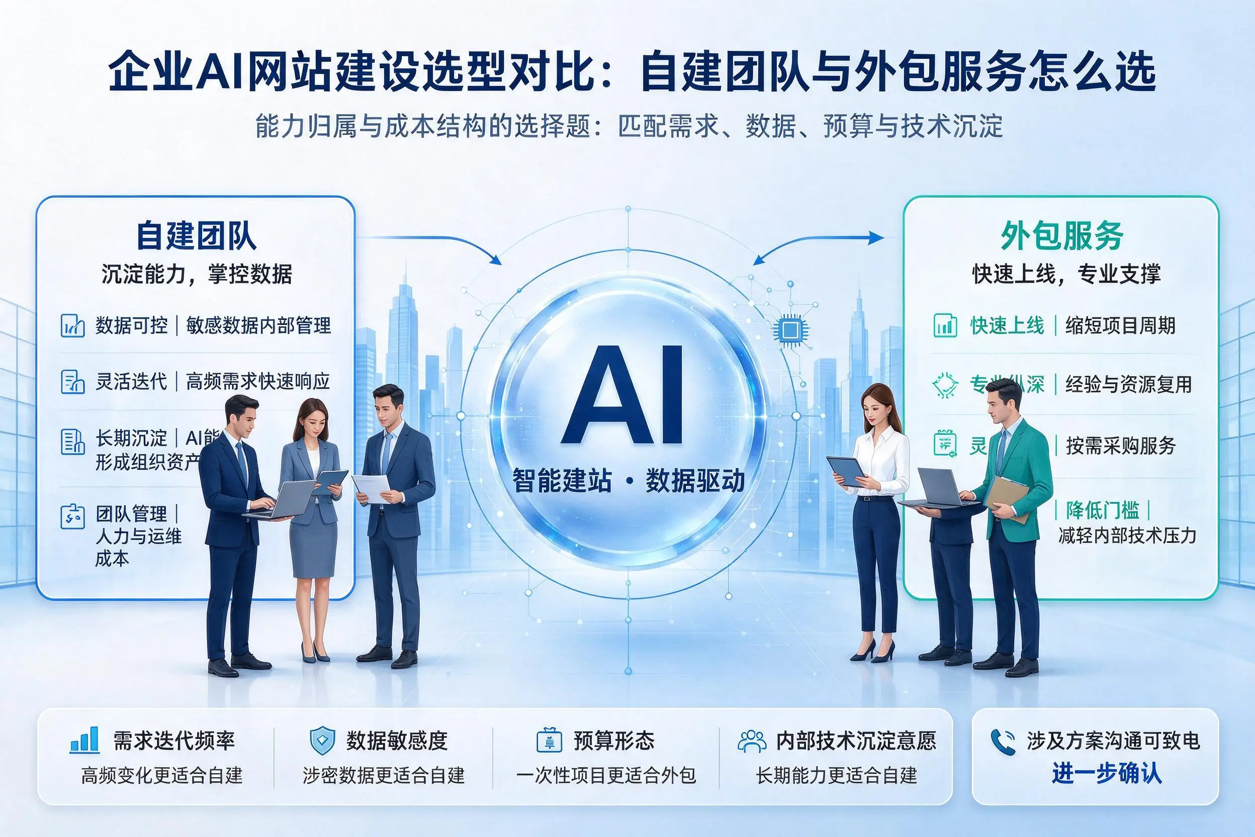 湖州企业AI网站建设选型对比：自建团队与外包服务怎么选